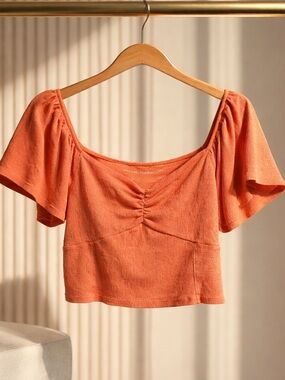 American Eagle Outfitters Peach-Orange Ruched Square Neck Crop Top